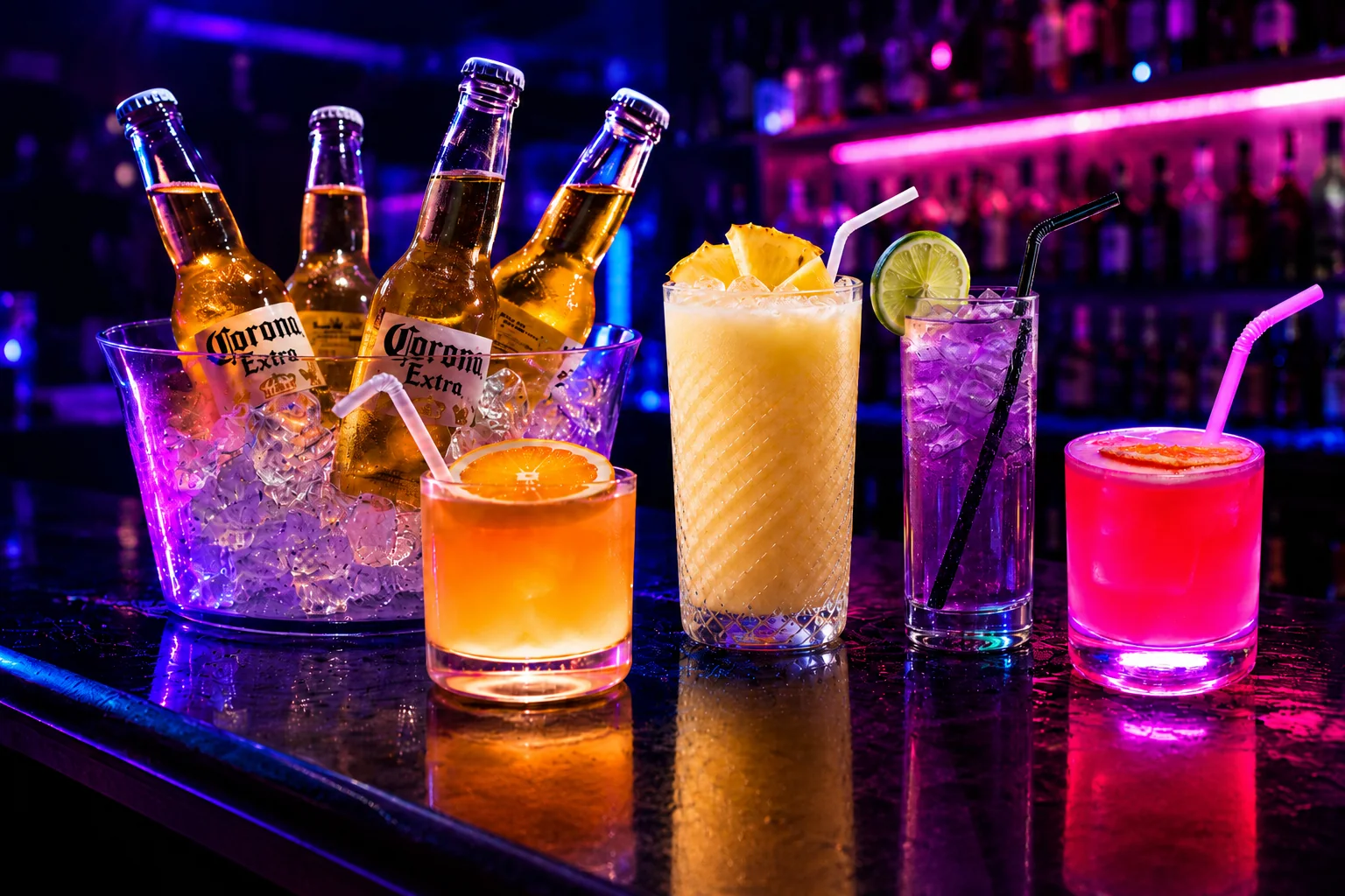 Beer bottles and colorful cocktails on a neon-lit bar counter