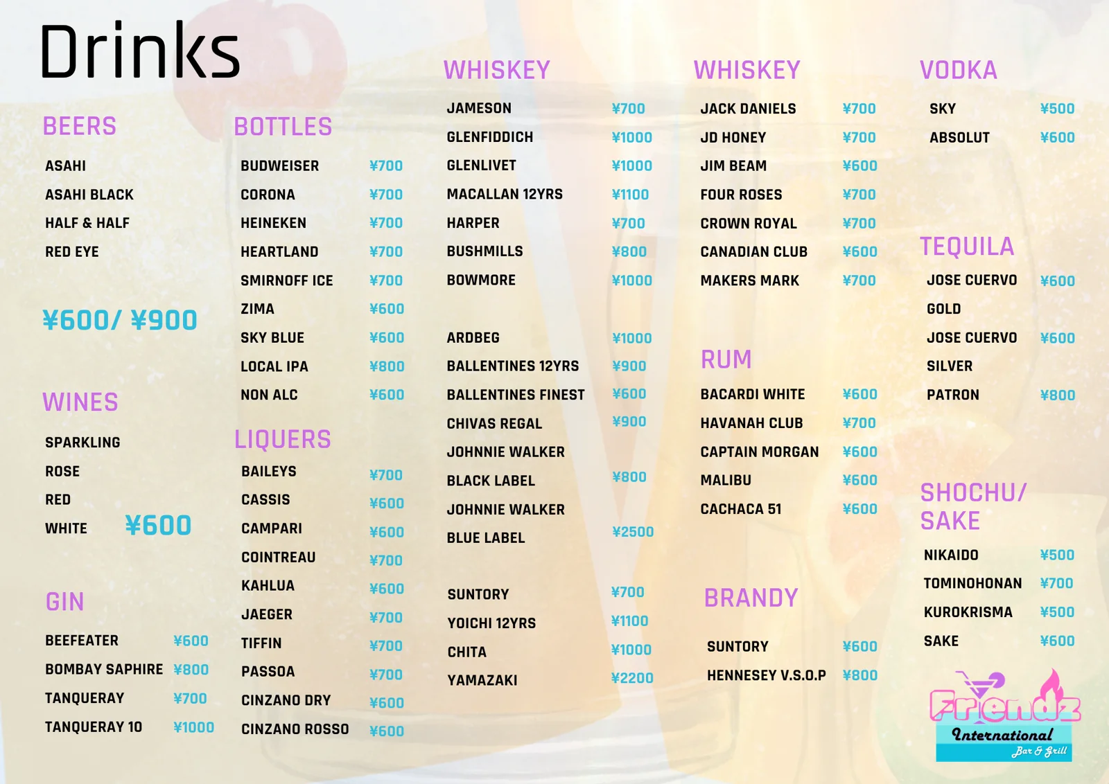 Friendz full drinks menu with beers, bottles, wines, spirits, shochu, and sake
