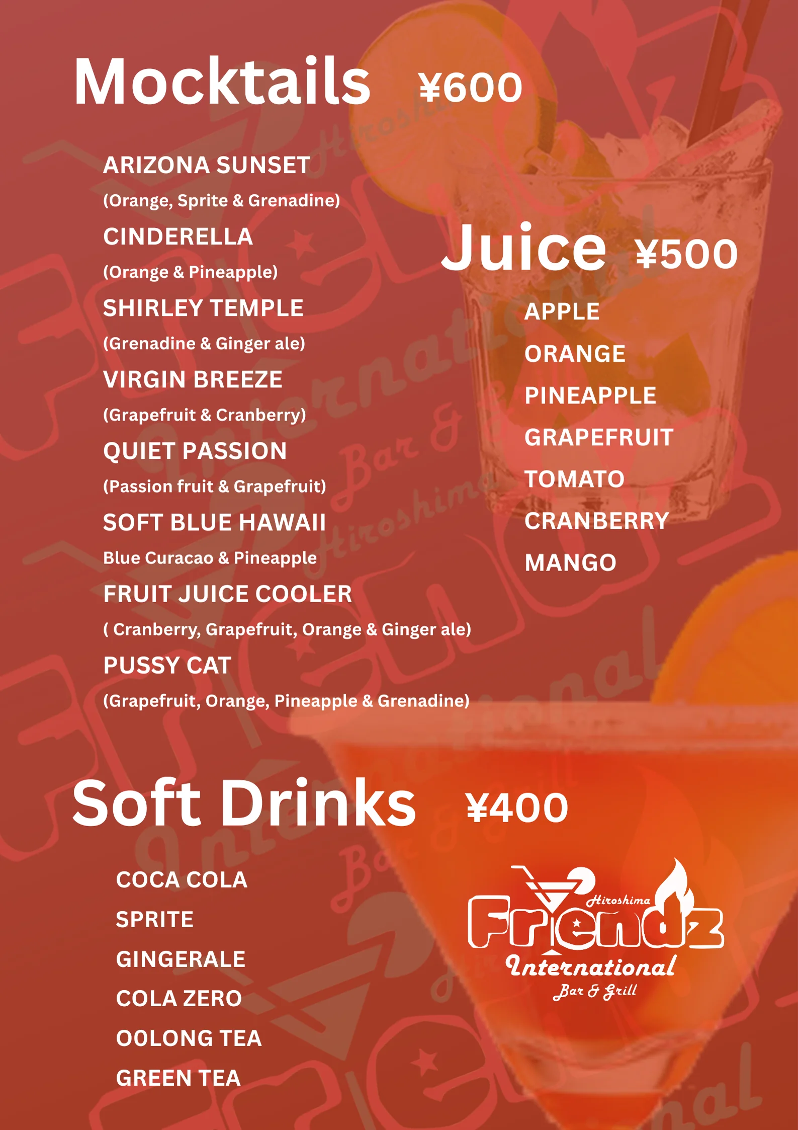 Friendz mocktails, juice, and soft drinks menu with prices