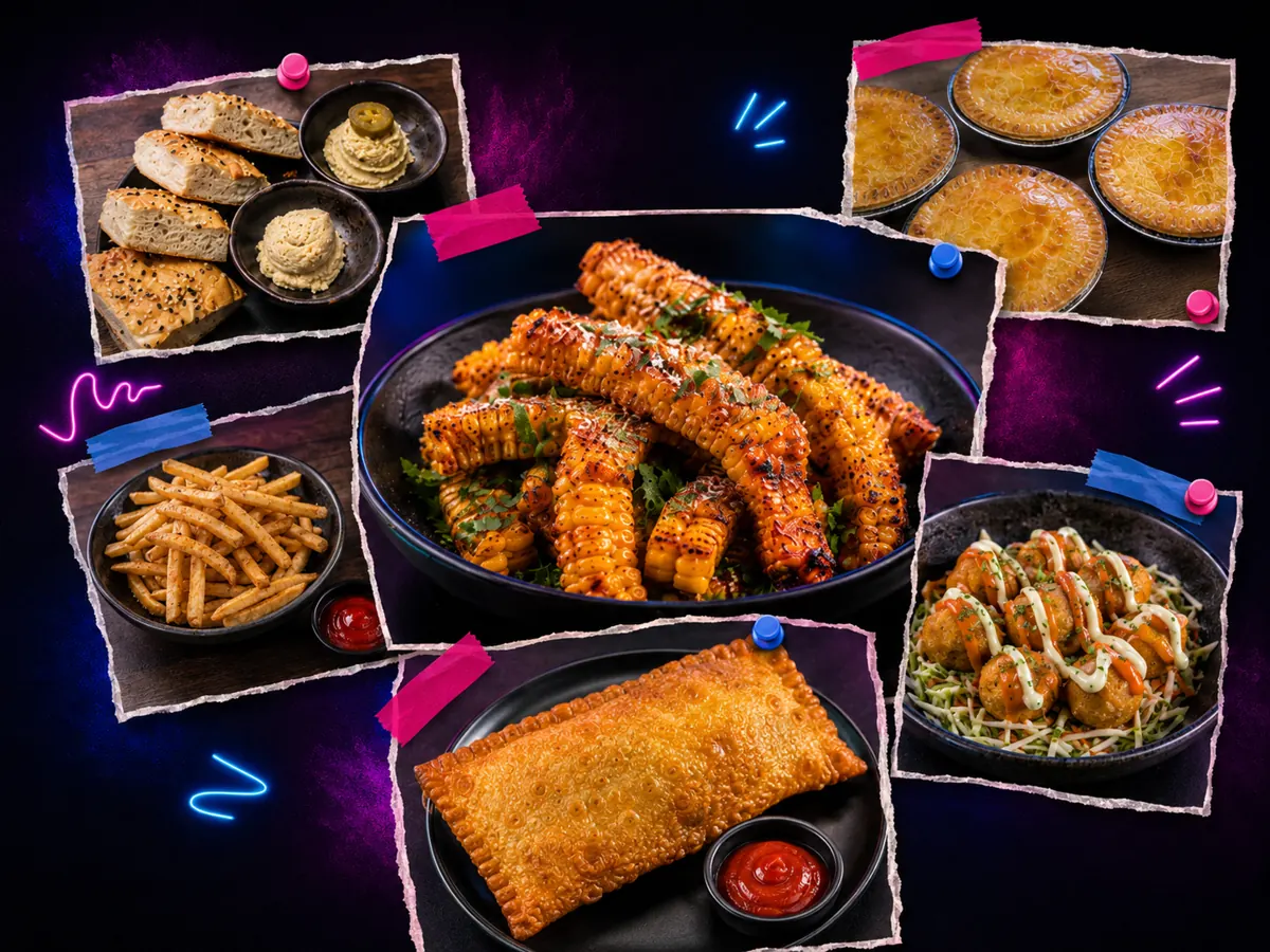 Friendz appetizers and fried favorites served across a neon-lit bar table